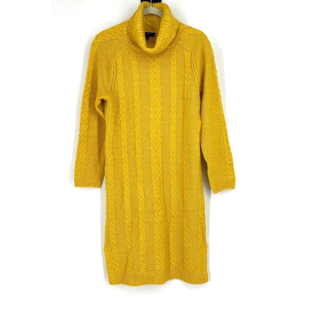Ann Taylor Yellow Turtleneck Sweater Dress SP Cable Knit Cowl Neck Cozy Fall NWT